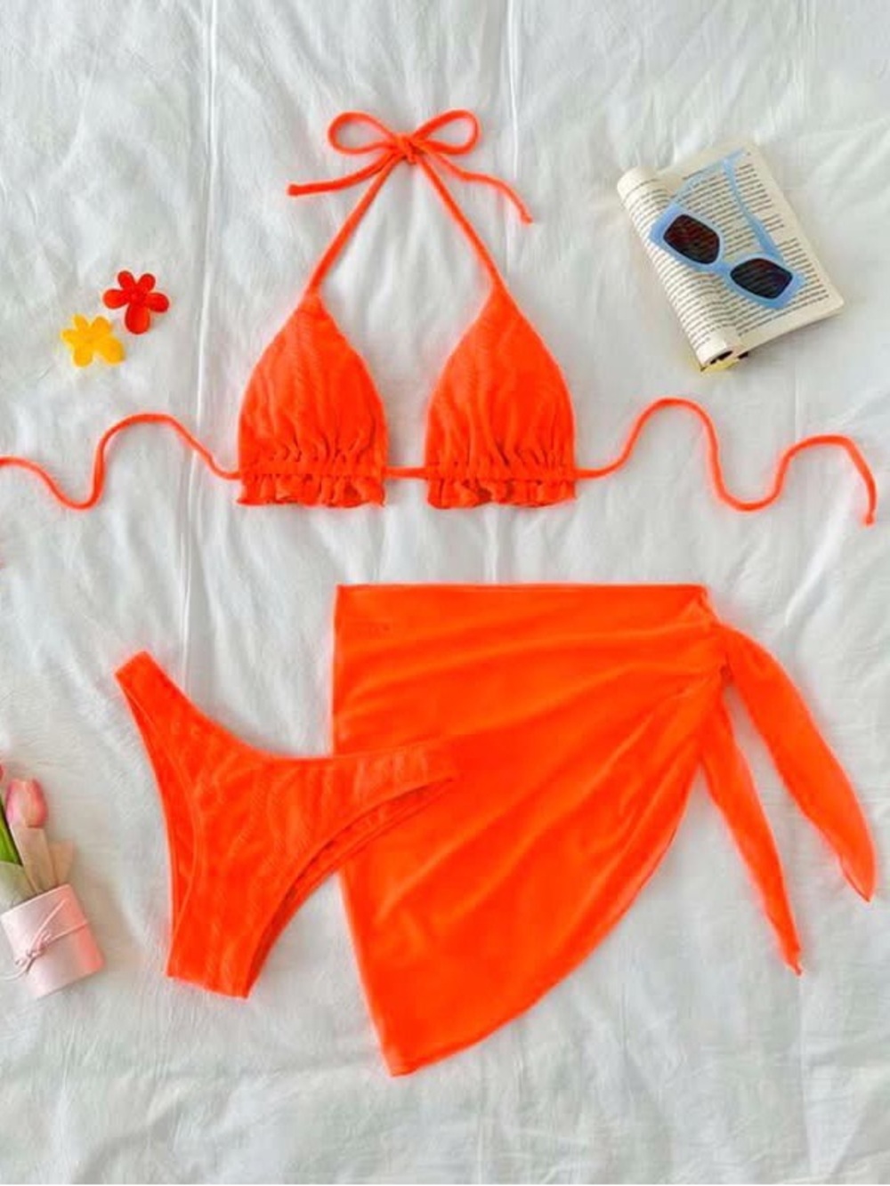 Neon Orange Triangle Summer Beach Bikini Set & Mesh Cover Up Set small new